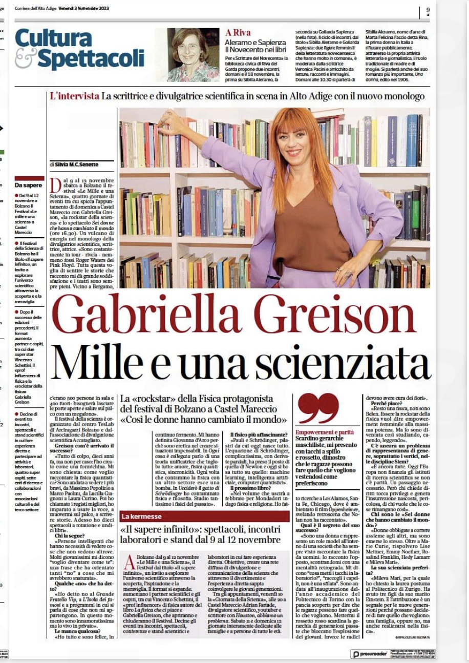 Una pagina dedicata a me sul Corriere dell’Alto Adige…con una bella intervista (e non solo)
